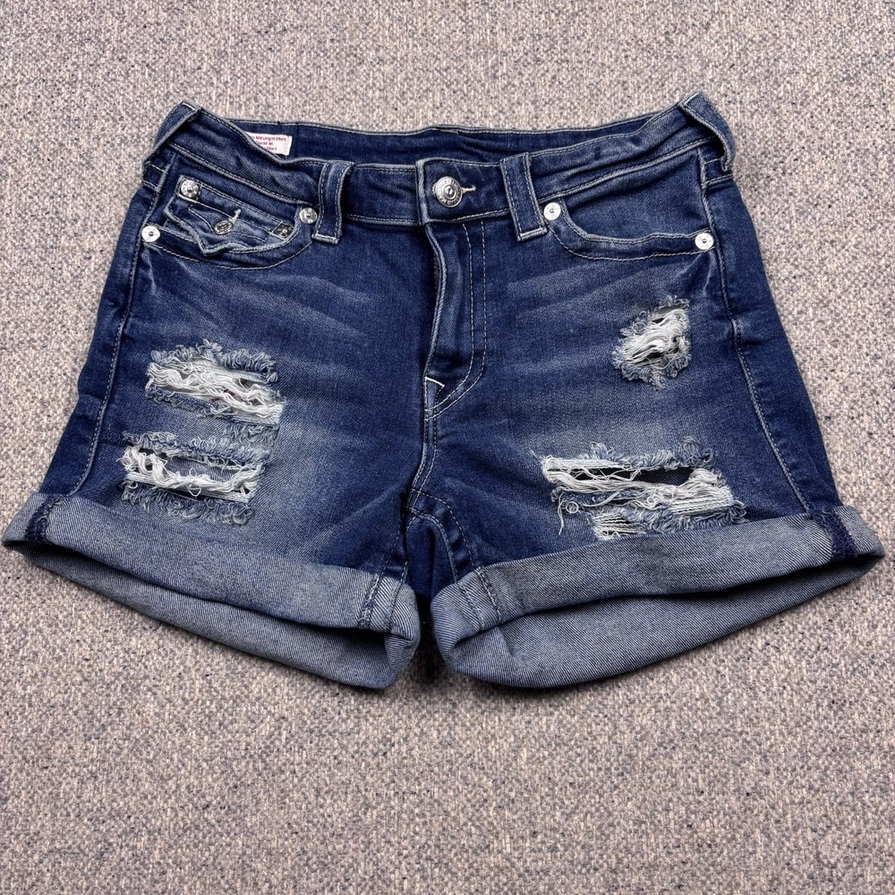 True Religion Jennie Curvy Mid Length Jean Shorts Cuffed Blue Women's Sz 30